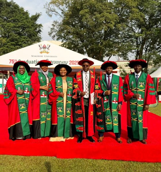 Principal CoBAMS-Prof. Edward Bbaale (3rd R) with PhD Graduands from CoBAMS on Day 2. 75th Graduation Ceremony, Day 2, CoBAMS, CHS and CoNAS. 14th January 2025, Freedom Square, Makerere University, Kampala Uganda, East Africa.