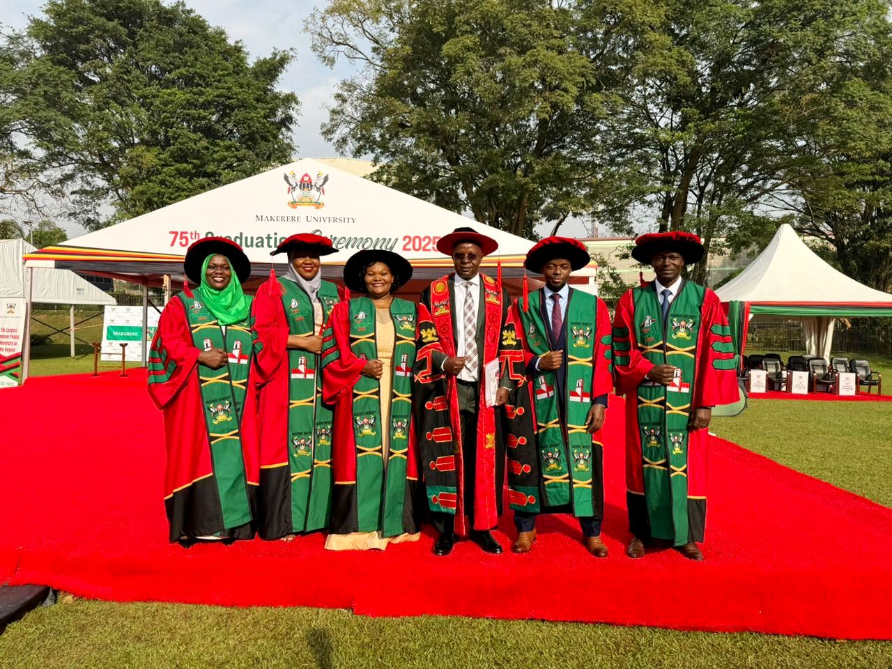 Principal CoBAMS-Prof. Edward Bbaale (3rd R) with PhD Graduands from CoBAMS on Day 2. 75th Graduation Ceremony, Day 2, CoBAMS, CHS and CoNAS. 14th January 2025, Freedom Square, Makerere University, Kampala Uganda, East Africa.