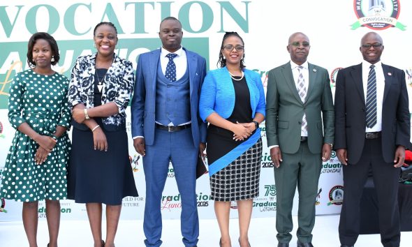 Right to Left: Prof. James Wokadala, Prof. Edward Bbaale, Dr. Allen Kabagenyi, Dr. Stephen Ojiambo Wandera, Dr. Patricia Ndugga and Ms. Namugenyi Christabellah. Convocation Luncheon, 75th Graduation Ceremony, Day 2, CoBAMS, CHS and CoNAS. 14th January 2025, Research, Teaching, Students Excellence Awards, Edge Road, Makerere University, Kampala Uganda, East Africa.