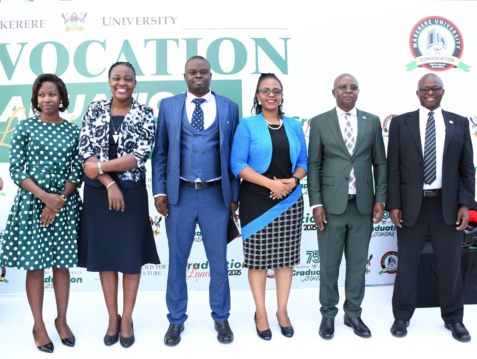 Right to Left: Prof. James Wokadala, Prof. Edward Bbaale, Dr. Allen Kabagenyi, Dr. Stephen Ojiambo Wandera, Dr. Patricia Ndugga and Ms. Namugenyi Christabellah. Convocation Luncheon, 75th Graduation Ceremony, Day 2, CoBAMS, CHS and CoNAS. 14th January 2025, Research, Teaching, Students Excellence Awards, Edge Road, Makerere University, Kampala Uganda, East Africa.