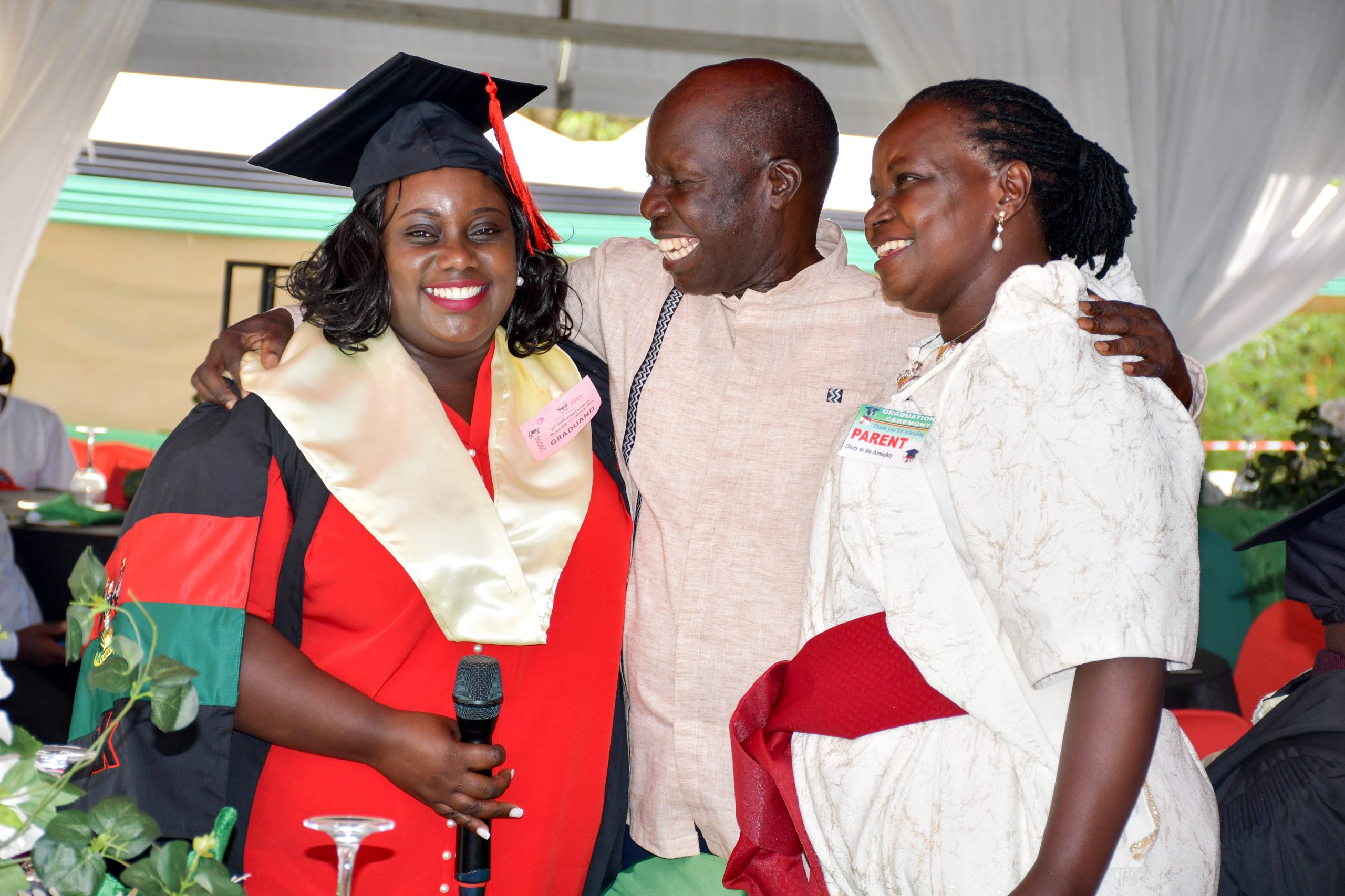 Left to Right: Daisy Patience Amase, who graduated with a Master of Science in Marketing, Dr. Tanga Odoi, and the mother of the graduate. 75th Graduation Ceremony, Day 3, MUBSS. Convocation Luncheon, 15th January 2025, Edge Road, Makerere University, Kampala Uganda, East Africa.