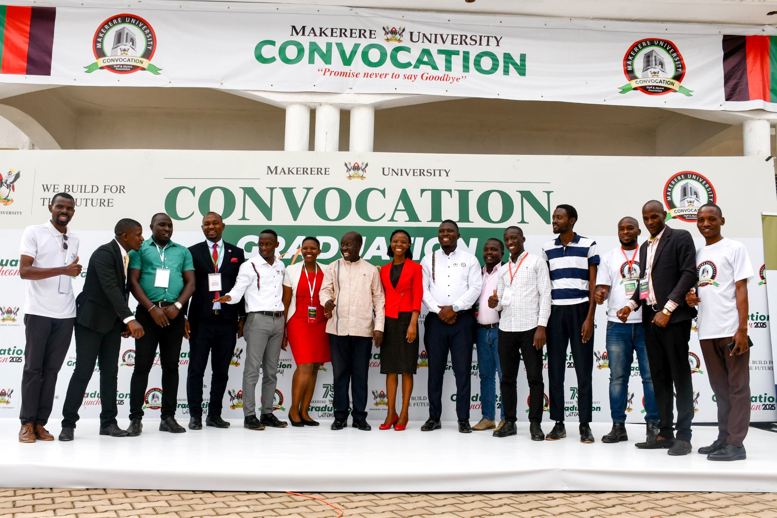 Dr. Tanga Odoi (Centre) poses for a group photo with members of Convocation. 75th Graduation Ceremony, Day 3, MUBSS. Convocation Luncheon, 15th January 2025, Edge Road, Makerere University, Kampala Uganda, East Africa.