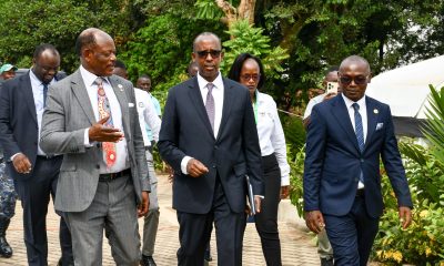 The Vice Chancellor-Prof. Barnabas Nawangwe (Left) and Chairman Convocation-Mr. George Mugabi Turyamureeba (Right) receive the Chairperson PACEID-Mr. Odrek Rwabwogo (Centre) upon his arrival at the Convocation House. 75th Graduation Ceremony, Day 3, MUBSS. Convocation Luncheon, 15th January 2025, Edge Road, Makerere University, Kampala Uganda, East Africa.