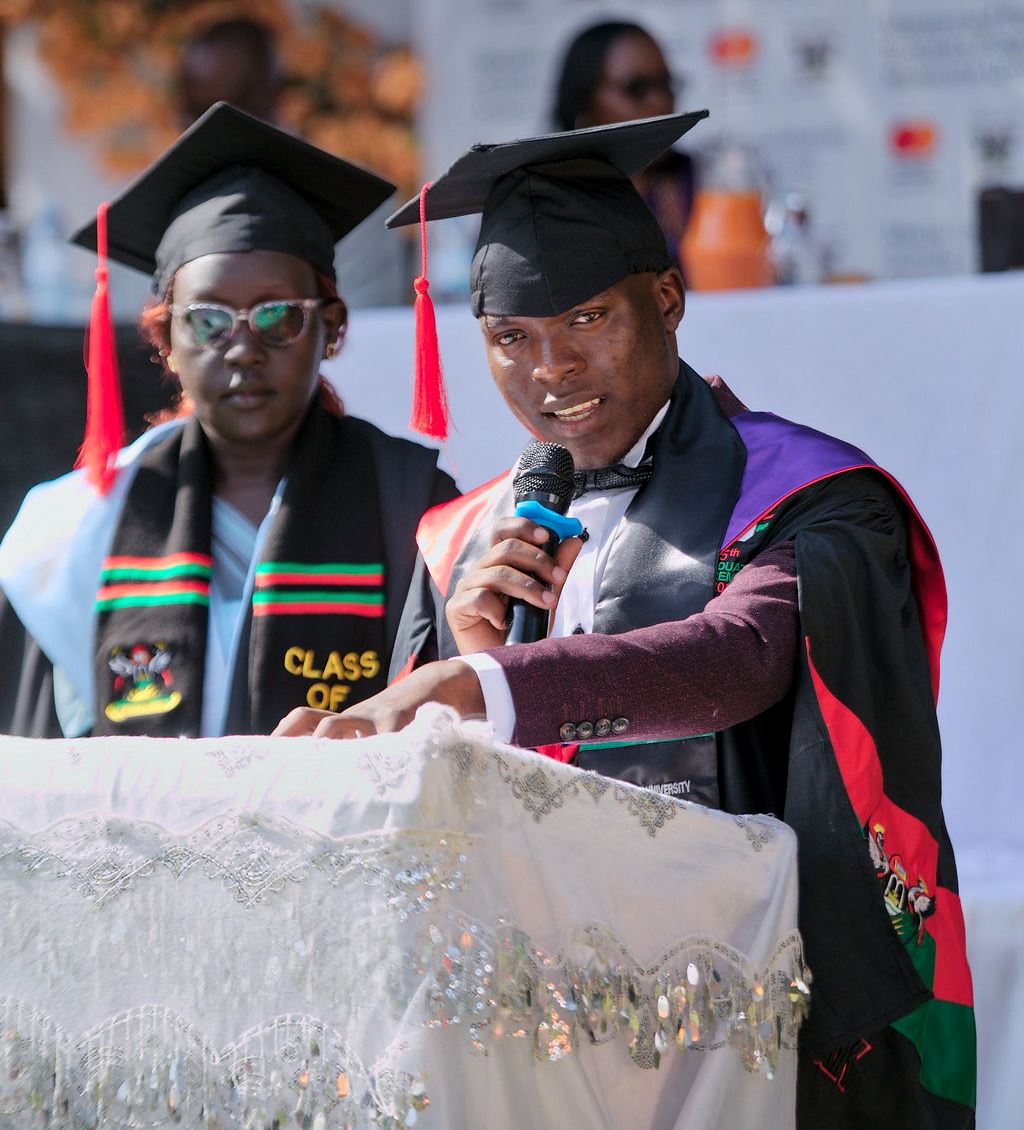 Ms. Rose Madot and Dr. Kasuku Raphael speaking on behalf of their fellow graduates. 75th Graduation Ceremony, Day 5, CAES, CEDAT and CHUSS. Celebration of completion of 36 Mastercard Foundation Scholars, 17th January 2025, Guest House, Makerere University, Kampala Uganda, East Africa.