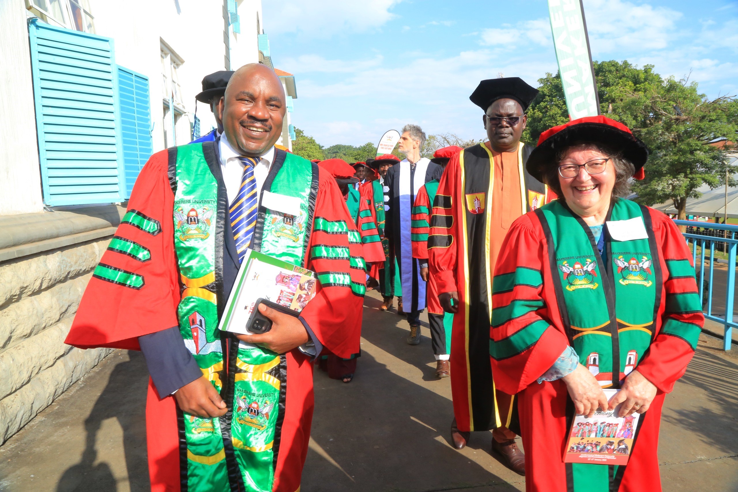 Dr Donald Kugonza and Dr Bernard Obaa from CAES at the graduation ceremony on 17th January 2025. 75th Graduation Ceremony, Day 5, CAES, CEDAT and CHUSS. 17th January 2025, Freedom Square, Makerere University, Kampala Uganda, East Africa.