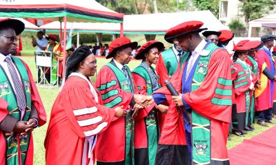 PhD Graduate Dr. Idd Ramathani is congratulated by staff from the College of Agricultural and Environmental Sciences (CAES) after being conferred upon his award on Day 5 of the 75th Graduation Ceremony. 75th Graduation Ceremony, Day 5, CAES, CEDAT and CHUSS. 17th January 2025, Freedom Square, Makerere University, Kampala Uganda, East Africa.