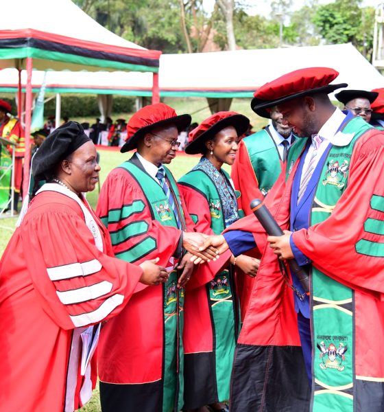 PhD Graduate Dr. Idd Ramathani is congratulated by staff from the College of Agricultural and Environmental Sciences (CAES) after being conferred upon his award on Day 5 of the 75th Graduation Ceremony. 75th Graduation Ceremony, Day 5, CAES, CEDAT and CHUSS. 17th January 2025, Freedom Square, Makerere University, Kampala Uganda, East Africa.