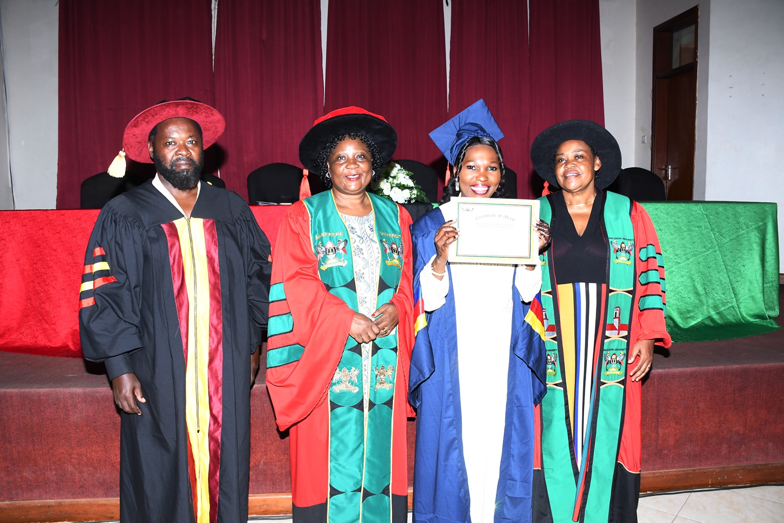 Left to Right: Dr. Oscar Mugula, Dr. Harriet Nabushawo, Namagembe Saidat, who emerged as the best-performing student and another official pose for a group photo. Centre for Life-Long Learning (CLL), College of Education and External Studies (CEES) over 40 students of the 6th Cohort successfully graduate with diplomas and certificates in various fields accredited by the Uganda Business and Technical Examinations Board (UBTEB), 24th January 2025, College of Engineering, Design, Art and Technology (CEDAT) Conference Hall, Makerere University, Kampala Uganda, East Africa.