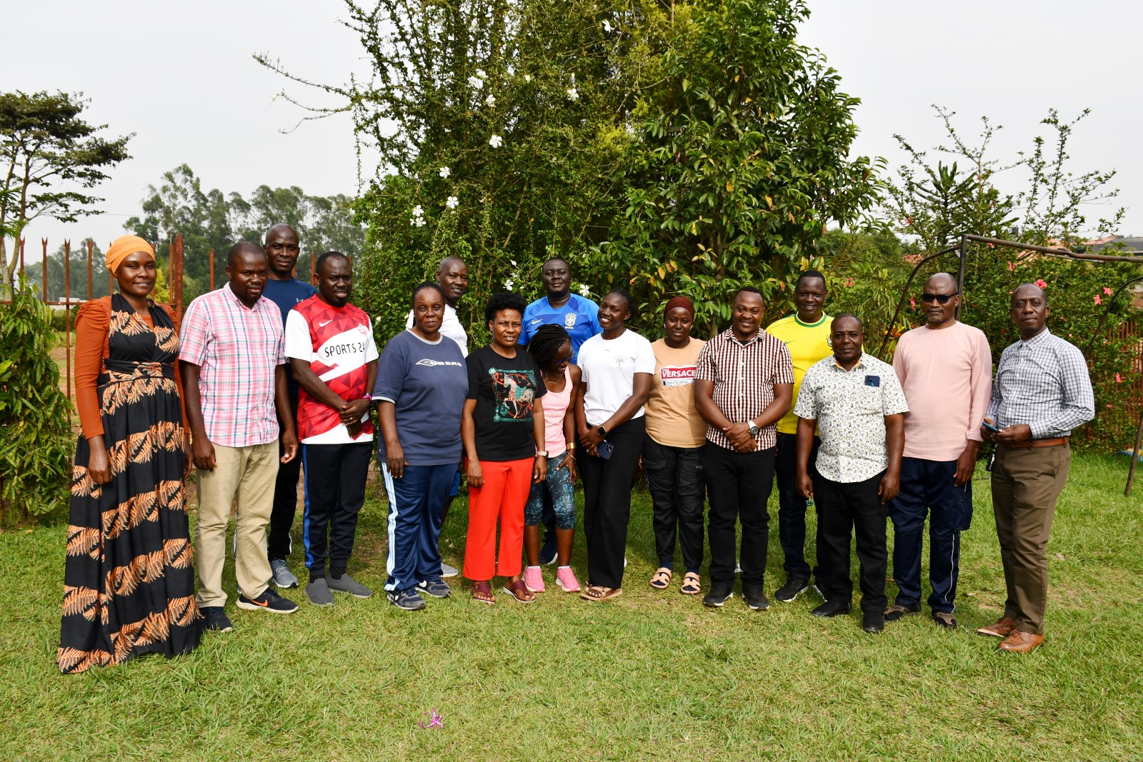 Staff pose for a group photo during the activity. School of Economics, College of Business and Management Sciences (CoBAMS), Makerere University, Kampala team-building activity, 15th January 2025, Buwatte, Wakiso, Uganda, East Africa.