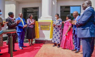 Hon. Janet Kataaha Museveni (4th Right) and Hon. Dr. Joyce Moriku Kaducu (3rd Right) with Left to Right: Prof. Buyinza Mukadasi, Prof. Barnabas Nawangwe, Mrs. Lorna Magara, Prof. Henry Alinaitwe and Prof. Ronald Naluwairo after unveiling the plaque on 18th December 2024. UGX7.3bn Government of Uganda-funded three-storied School of Law New Building official opening on 18th December, 2024 by the First Lady and Minister for Education and Sports, Hon. Janet Kataaha Museveni, Makerere University, Kampala Uganda, East Africa.