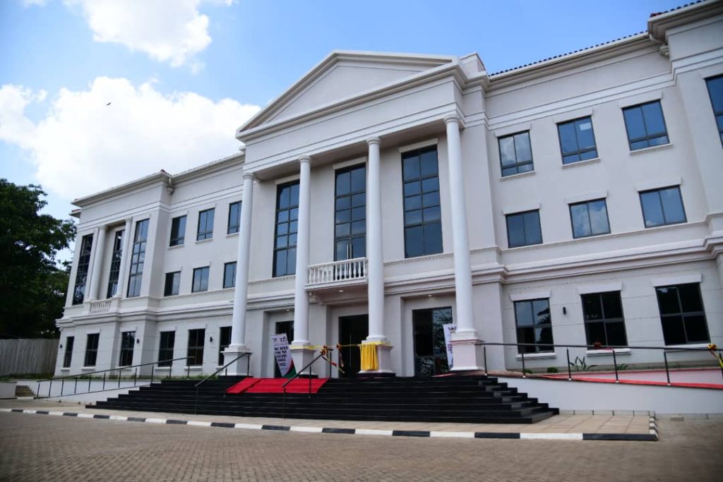 Front view of the School of Law New Building. UGX7.3bn Government of Uganda-funded three-storied School of Law New Building official opening on 18th December, 2024 by the First Lady and Minister for Education and Sports, Hon. Janet Kataaha Museveni, Makerere University, Kampala Uganda, East Africa.