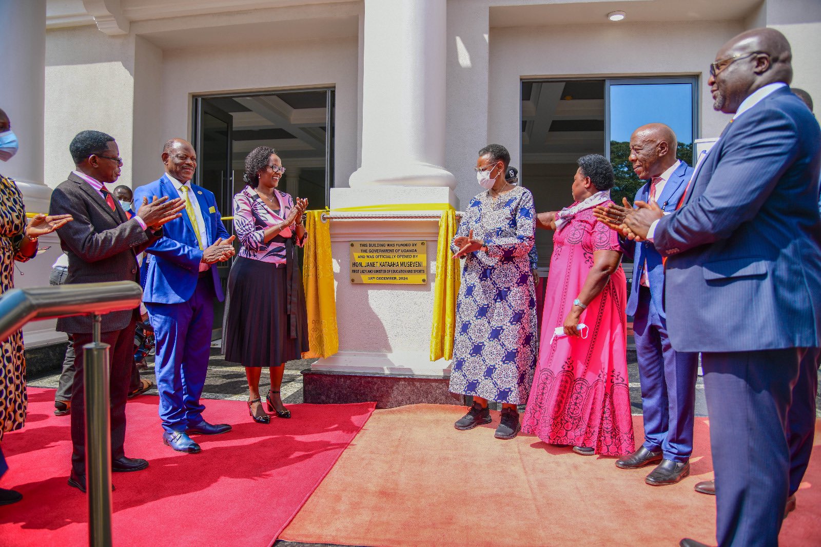 Hon. Janet Kataaha Museveni (4th Right) and Hon. Dr. Joyce Moriku Kaducu (3rd Right) with Left to Right: Prof. Buyinza Mukadasi, Prof. Barnabas Nawangwe, Mrs. Lorna Magara, Prof. Henry Alinaitwe and Prof. Ronald Naluwairo after unveiling the plaque on 18th December 2024. UGX7.3bn Government of Uganda-funded three-storied School of Law New Building official opening on 18th December, 2024 by the First Lady and Minister for Education and Sports, Hon. Janet Kataaha Museveni, Makerere University, Kampala Uganda, East Africa.