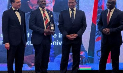 Prof. Barnabas Nawangwe (2nd Left) poses with his award as H.E. Dr. Jakaya Kikwete (2nd Right) and other officials witness. Makerere University Vice Chancellor, Prof. Barnabas Nawangwe honored with the African Leadership Magazine Person of the Year Award 2024 for his exceptional leadership in education and the Lifetime Achievement Award from the South Carolina House of Representatives in recognition of his remarkable contributions to education and leadership in Africa, 23rd February 2025, Marriott Casablanca Hotel, Morocco, North Africa.