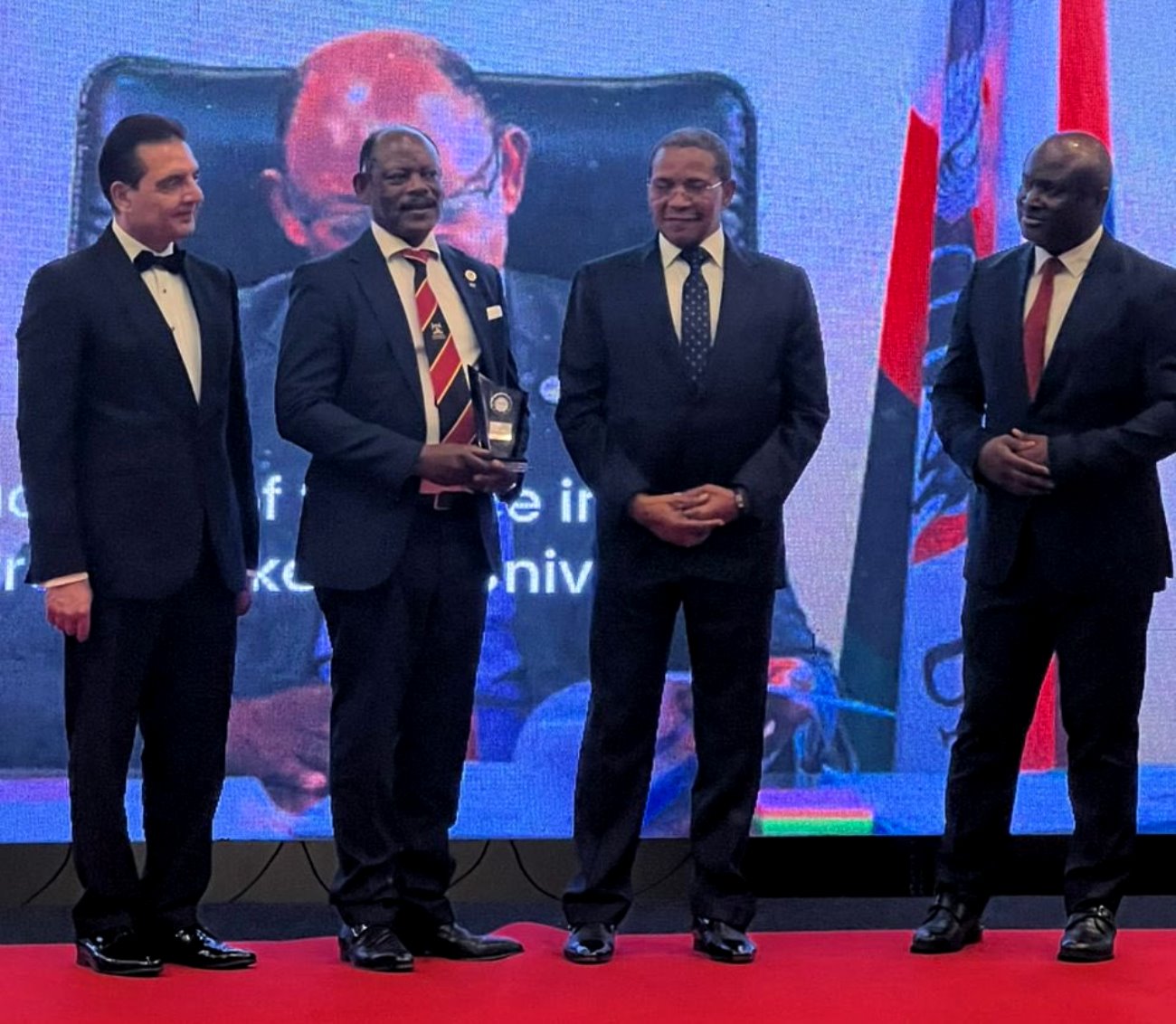 Prof. Barnabas Nawangwe (2nd Left) poses with his award as H.E. Dr. Jakaya Kikwete (2nd Right) and other officials witness. Makerere University Vice Chancellor, Prof. Barnabas Nawangwe honored with the African Leadership Magazine Person of the Year Award 2024 for his exceptional leadership in education and the Lifetime Achievement Award from the South Carolina House of Representatives in recognition of his remarkable contributions to education and leadership in Africa, 23rd February 2025, Marriott Casablanca Hotel, Morocco, North Africa.