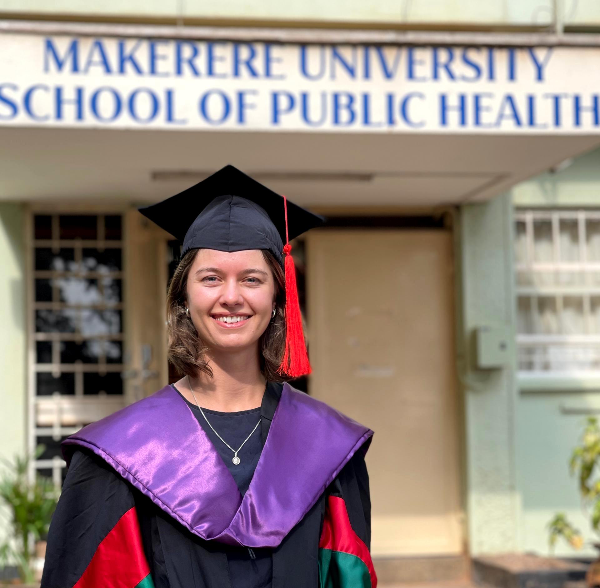 Laura Silovsky outside MakSPH on graduation day. 75th Graduation Ceremony, Day 2, CoBAMS, CHS and CoNAS. 14th January 2025, Freedom Square, Makerere University, Kampala Uganda, East Africa.