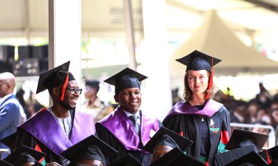 Laura Silovsky (Right) at the graduation ceremony alongside fellow graduands Juma Said Tusubila and Ssali Abdallah Yahya on Day 2 of the 75th Graduation Ceremony. 75th Graduation Ceremony, Day 2, CoBAMS, CHS and CoNAS. 14th January 2025, Freedom Square, Makerere University, Kampala Uganda, East Africa.