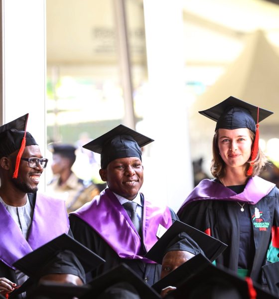 Laura Silovsky (Right) at the graduation ceremony alongside fellow graduands Juma Said Tusubila and Ssali Abdallah Yahya on Day 2 of the 75th Graduation Ceremony. 75th Graduation Ceremony, Day 2, CoBAMS, CHS and CoNAS. 14th January 2025, Freedom Square, Makerere University, Kampala Uganda, East Africa.