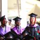 Laura Silovsky (Right) at the graduation ceremony alongside fellow graduands Juma Said Tusubila and Ssali Abdallah Yahya on Day 2 of the 75th Graduation Ceremony. 75th Graduation Ceremony, Day 2, CoBAMS, CHS and CoNAS. 14th January 2025, Freedom Square, Makerere University, Kampala Uganda, East Africa.