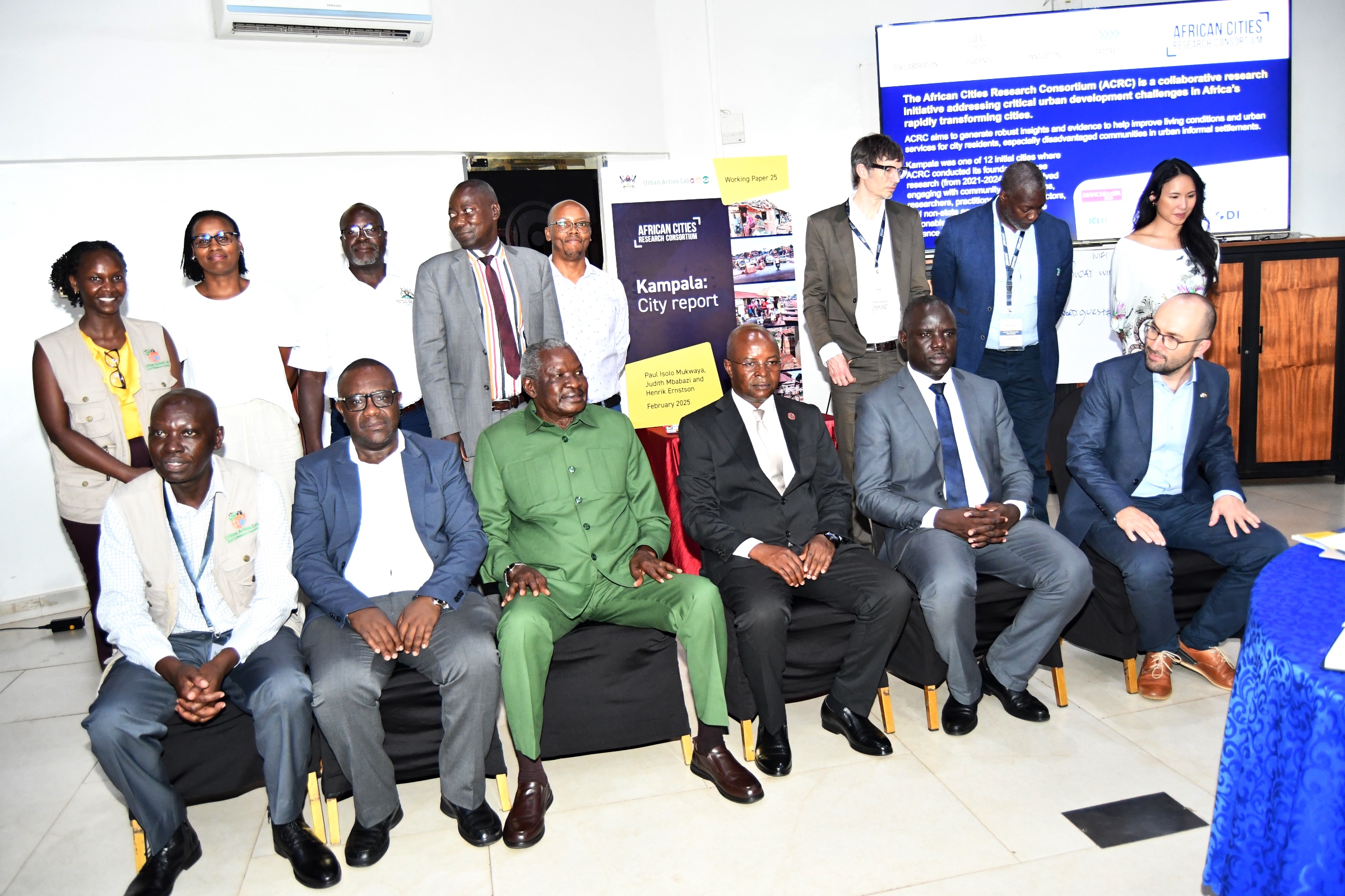 Some of the researchers with the Chief Guest, Hon. Mario Obiga Kania, Minister of State for Urban Development and the representative of the Vice Chancellor, Prof. Edward Bbaale at the launch of the report at Fairway Hotel. Makerere University Urban Action Lab, College of Agricultural and Environmental Sciences (CAES) launch of comprehensive report, part of the African Cities Research Consortium (ACRC) program, detailing key challenges affecting urban development in Kampala, one of Africa’s fastest-growing cities, annual population growth rate of 5.6%, by Hon. Mario Obiga Kania, Minister of State for Urban Development, 13th February 2025, Fairway Hotel, Uganda, East Africa.