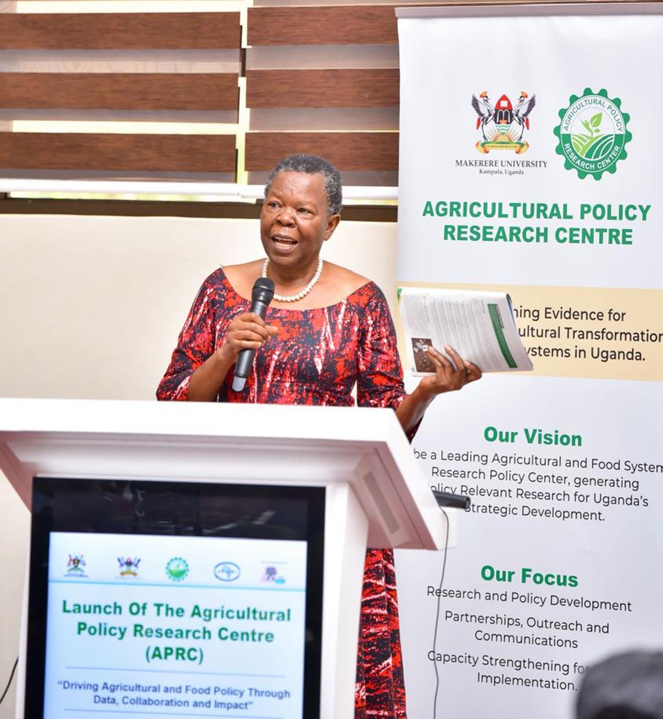 Former Minister of Agriculture, Hon. Victoria Ssekitoleko, highlighted the need for research that tackles the real challenges faced by local communities. Official launch of Agricultural Policy Research Centre (APRC), College of Agricultural and Environmental Sciences (CAES) by Uganda’s Minister of Agriculture, Animal Industry, and Fisheries (MAAIF), represented by Mr. Steven Byantwale, the Commissioner for Crop Protection, 24th February 2025, Makerere University School of Public Health Auditorium, Kampala Uganda, East Africa.