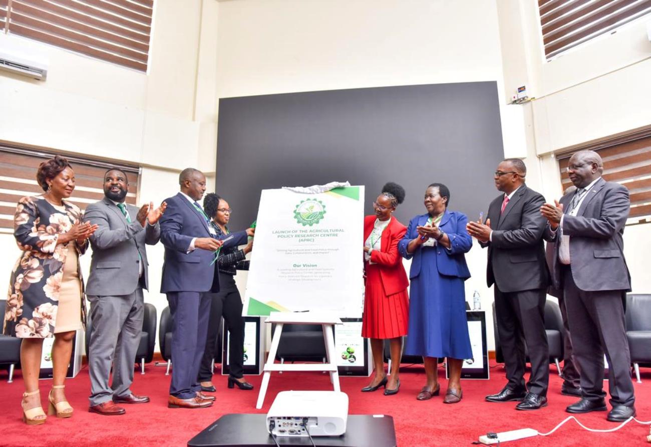 Mr. Steven Byantwale (3rd Left) commissioning the Centre on behalf of the Minister of Agriculture, Animal Industry, and Fisheries. Official launch of Agricultural Policy Research Centre (APRC), College of Agricultural and Environmental Sciences (CAES) by Uganda’s Minister of Agriculture, Animal Industry, and Fisheries (MAAIF), represented by Mr. Steven Byantwale, the Commissioner for Crop Protection, 24th February 2025, Makerere University School of Public Health Auditorium, Kampala Uganda, East Africa.