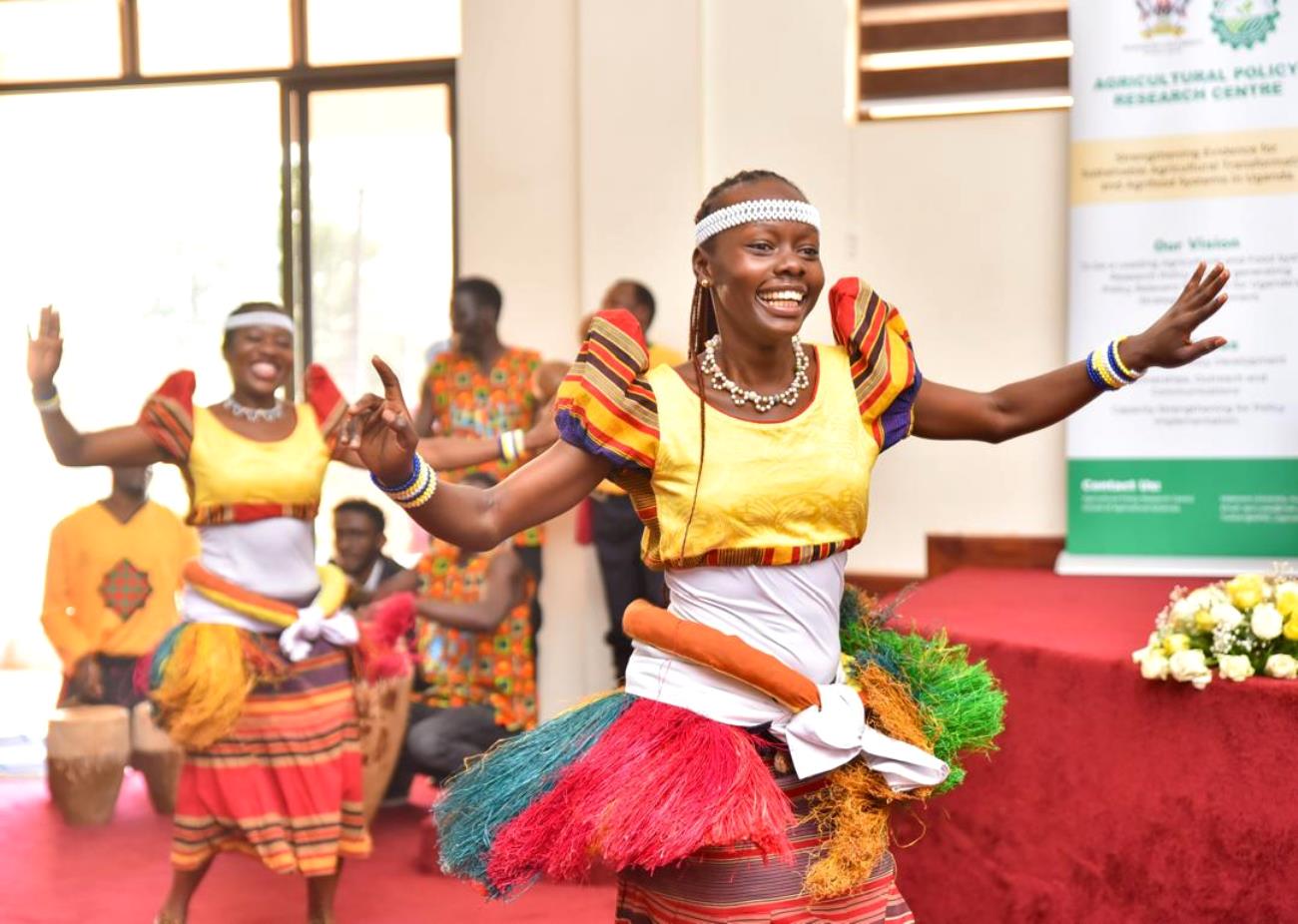 Students from the Department of Performing Arts and Film entertain guests at the APRC launch. Official launch of Agricultural Policy Research Centre (APRC), College of Agricultural and Environmental Sciences (CAES) by Uganda’s Minister of Agriculture, Animal Industry, and Fisheries (MAAIF), represented by Mr. Steven Byantwale, the Commissioner for Crop Protection, 24th February 2025, Makerere University School of Public Health Auditorium, Kampala Uganda, East Africa.