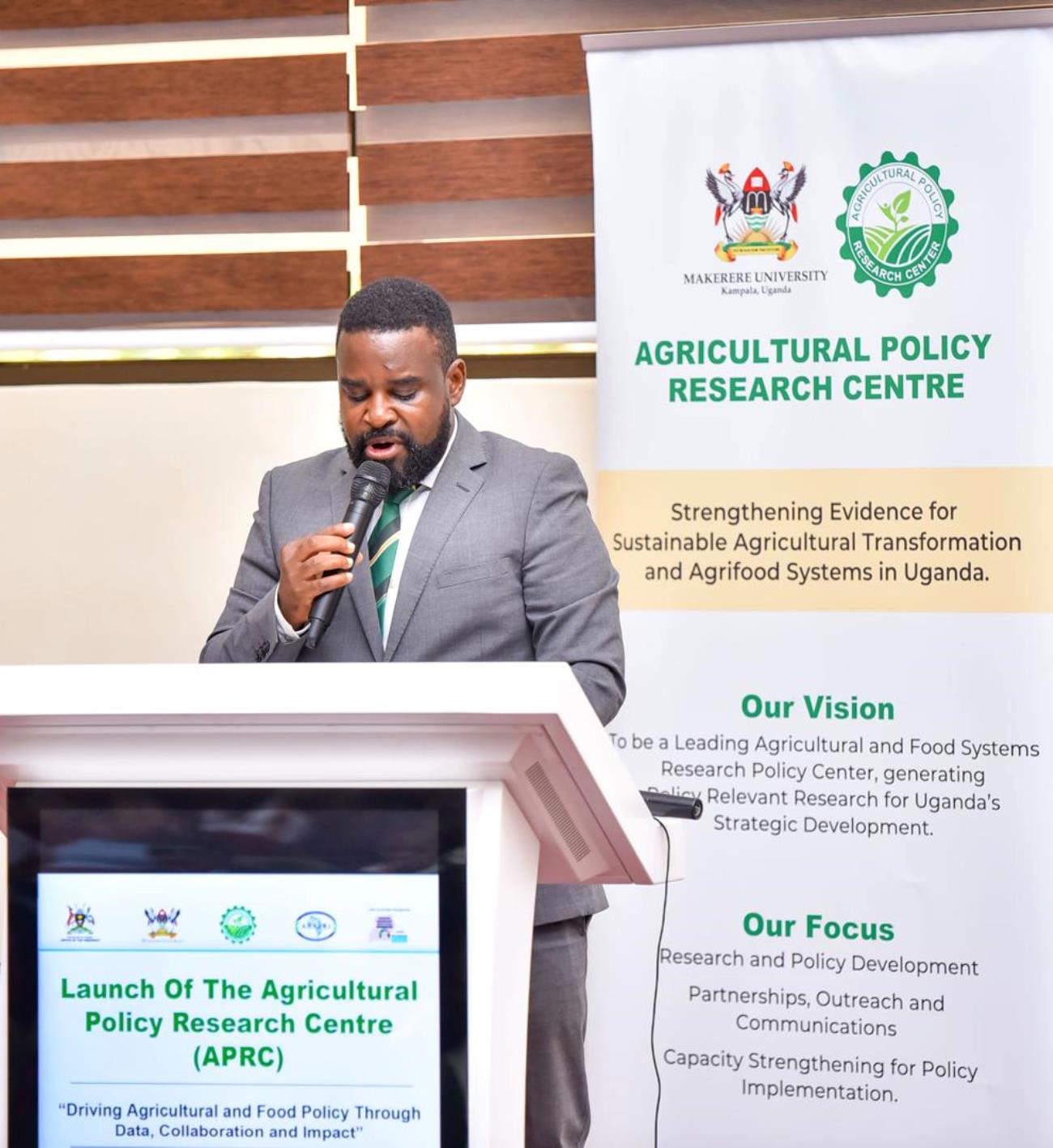 Prof. Robert Wamala represented the Vice Chancellor at the launch ceremony. Official launch of Agricultural Policy Research Centre (APRC), College of Agricultural and Environmental Sciences (CAES) by Uganda’s Minister of Agriculture, Animal Industry, and Fisheries (MAAIF), represented by Mr. Steven Byantwale, the Commissioner for Crop Protection, 24th February 2025, Makerere University School of Public Health Auditorium, Kampala Uganda, East Africa.