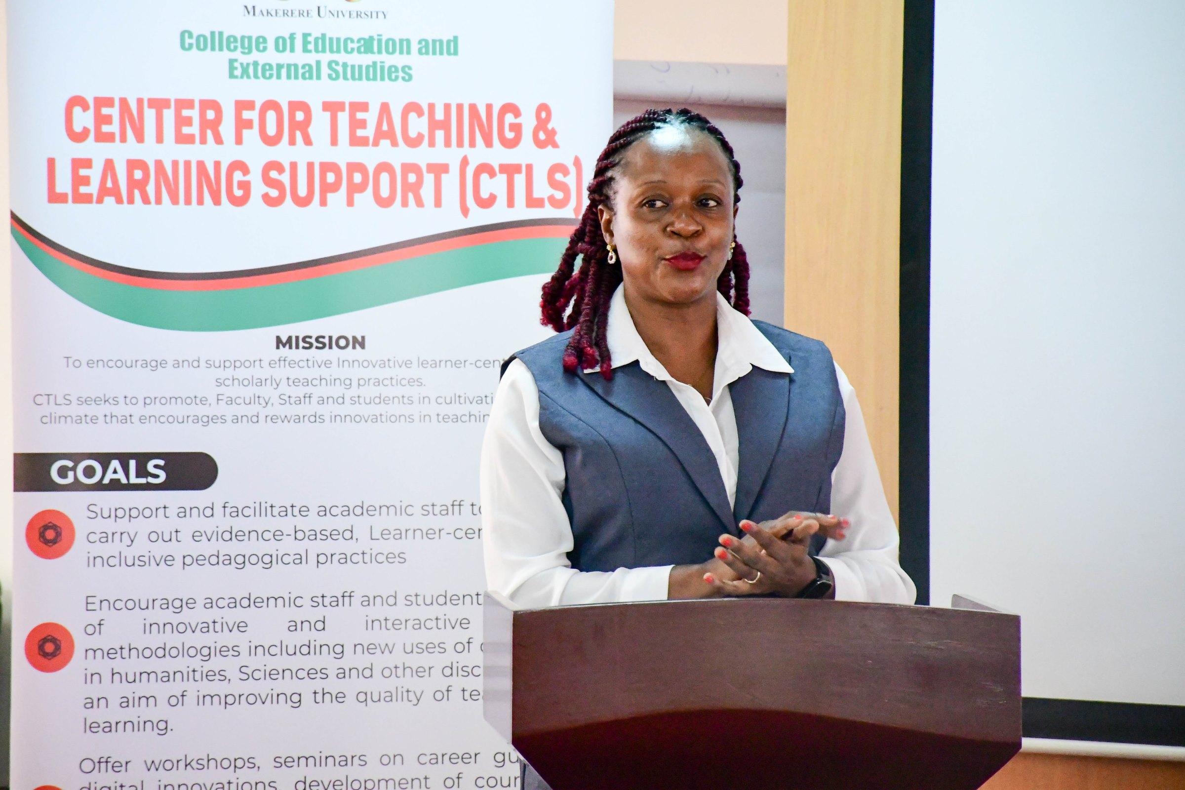 Dr. Dorothy Kyagaba, the Coordinator CTLS. The Office of the Deputy Vice Chancellor (Academic Affairs) and the College of Education and External Studies (CEES) through the Centre of Teaching and Learning Support (CTLS) are implementing the Pedagogy and Professionalism course, First Cohort of 50, 19th to 21st February 2025, School of Business Conference Room, Makerere University, Kampala Uganda, East Africa.