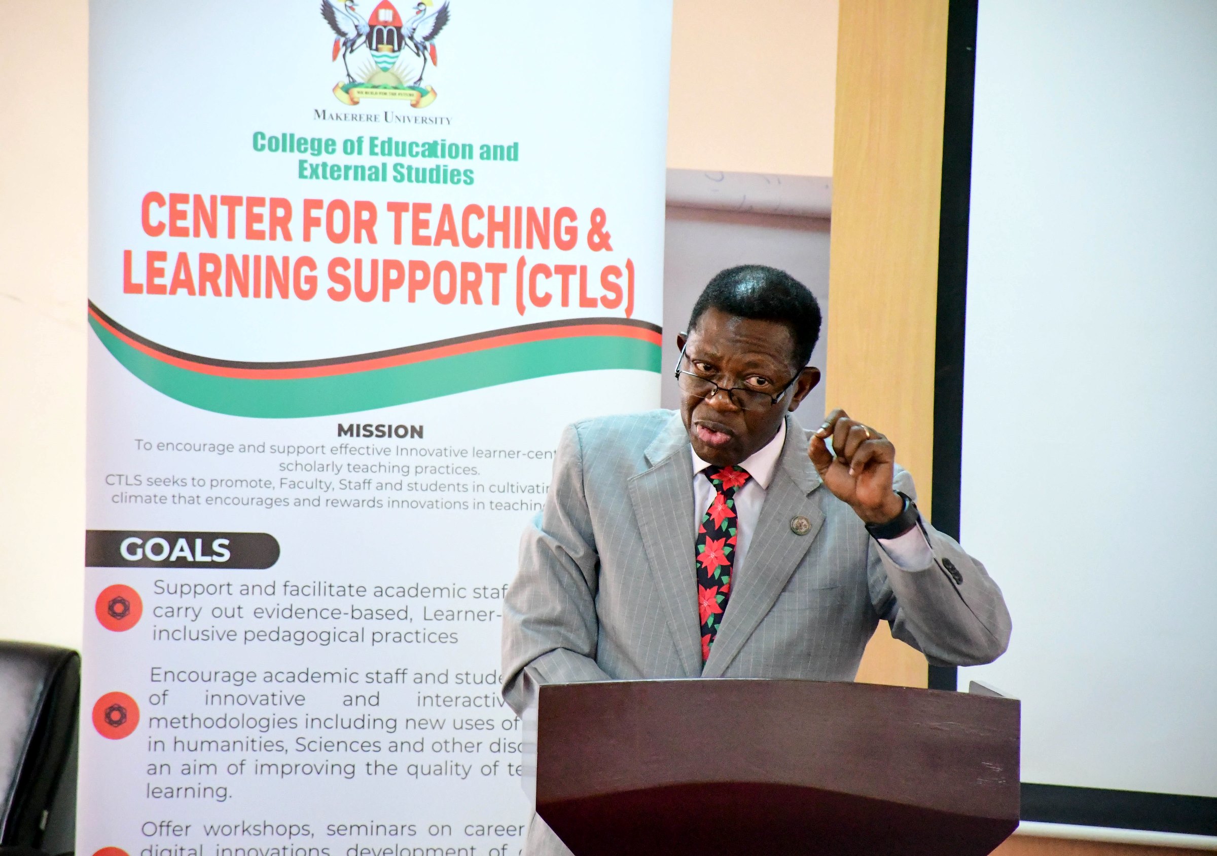 Prof. Buyinza Mukadasi addresses participants. The Office of the Deputy Vice Chancellor (Academic Affairs) and the College of Education and External Studies (CEES) through the Centre of Teaching and Learning Support (CTLS) are implementing the Pedagogy and Professionalism course, First Cohort of 50, 19th to 21st February 2025, School of Business Conference Room, Makerere University, Kampala Uganda, East Africa.