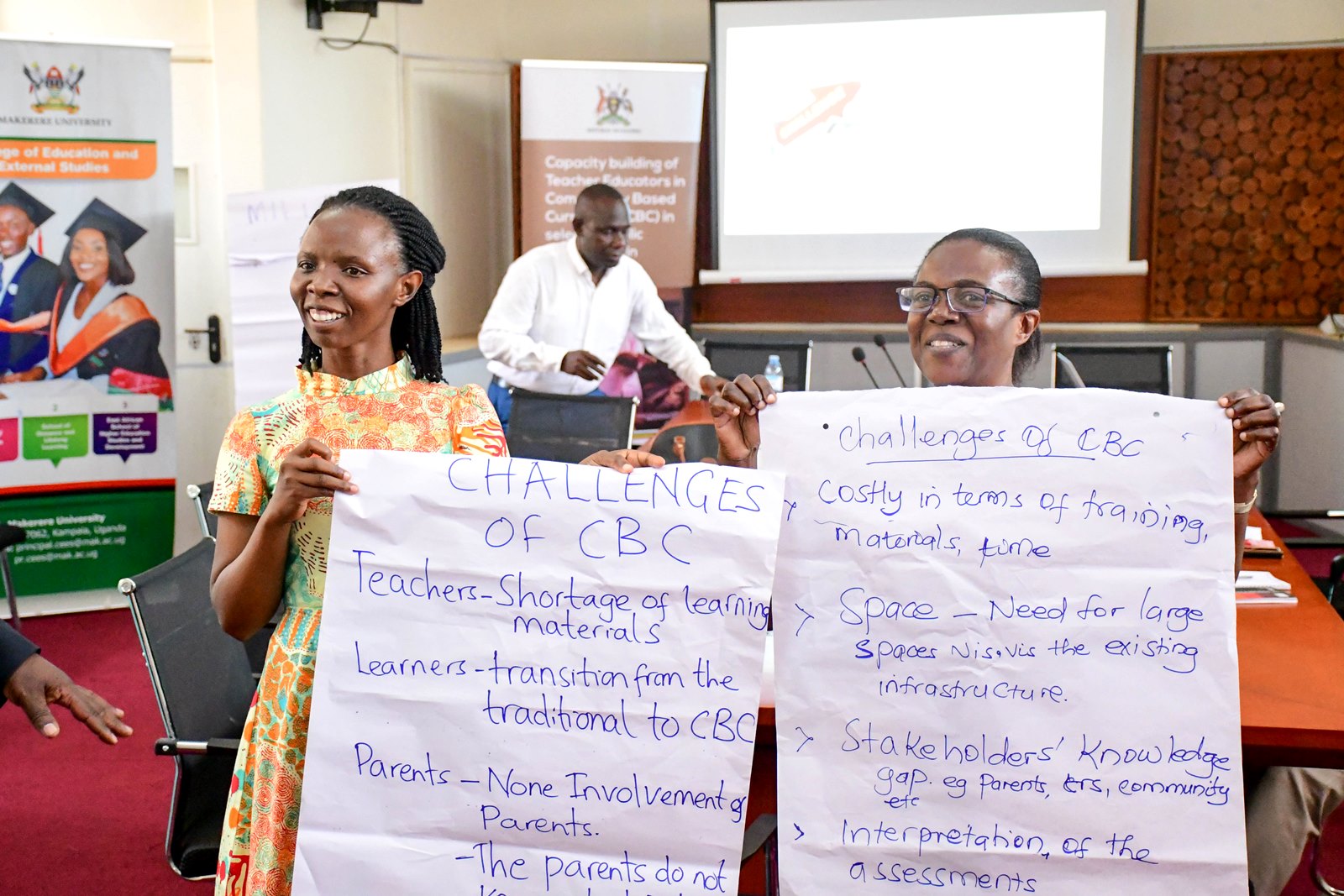 Left to Right: Ritah Namisango, the Project Principal Investigator-Dr. Mbulankende (Rear) and Dr. Rebecca Nambi of CEES. Research Dissemination: Capacity Building of Teacher Educators in Competency Based Curriculum (CBC) in selected Public Universities in Uganda project funded by the Government of Uganda through Makerere University Research and Innovation Fund (MakRIF), 19th February 2025, College of Education and External Studies (CEES), Kampala Uganda, East Africa.