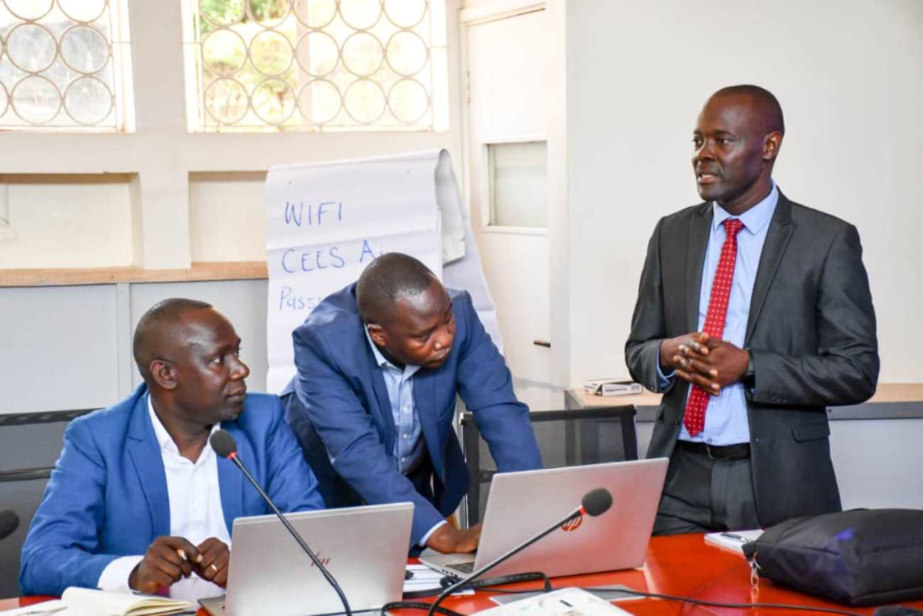 Left to Right: Principal Investigator-Dr. Mbulankende, Dr. Michael Walimbwa (Member of the Project Research team) and Assoc. Prof. Mathias Mulumba-Dean of the School of Education. Research Dissemination: Capacity Building of Teacher Educators in Competency Based Curriculum (CBC) in selected Public Universities in Uganda project funded by the Government of Uganda through Makerere University Research and Innovation Fund (MakRIF), 19th February 2025, College of Education and External Studies (CEES), Kampala Uganda, East Africa.