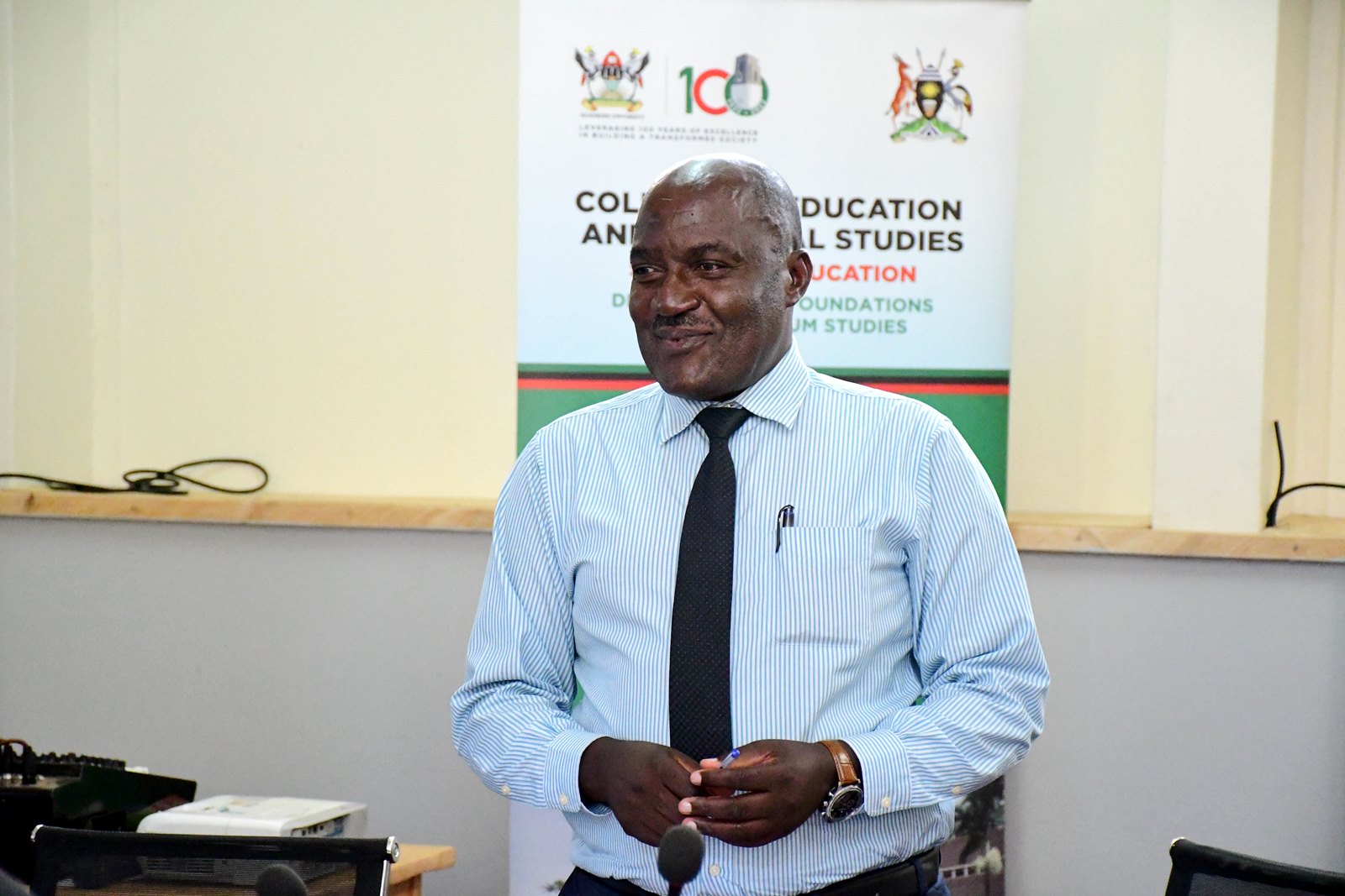 Prof. Fred Masagazi Masaazi makes his remarks. Research Dissemination: Capacity Building of Teacher Educators in Competency Based Curriculum (CBC) in selected Public Universities in Uganda project funded by the Government of Uganda through Makerere University Research and Innovation Fund (MakRIF), 19th February 2025, College of Education and External Studies (CEES), Kampala Uganda, East Africa.