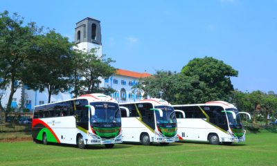 Vice Chancellor, Prof. Barnabas Nawangwe hands over three (3) university buses to leadership in the College of Agricultural and Environmental Sciences (CAES), the College of Health Sciences (CHS), and the College of Veterinary Medicine, Animal Resources and Biosecurity (CoVAB) to improve students' practical learning experiences by ensuring reliable transportation for fieldwork and community outreach, 3rd February 2025, Freedom Square, The three buses parked in the Freedom Square against the backdrop of the Main Building on 3rd February 2025. Makerere University, Kampala Uganda, East Africa.