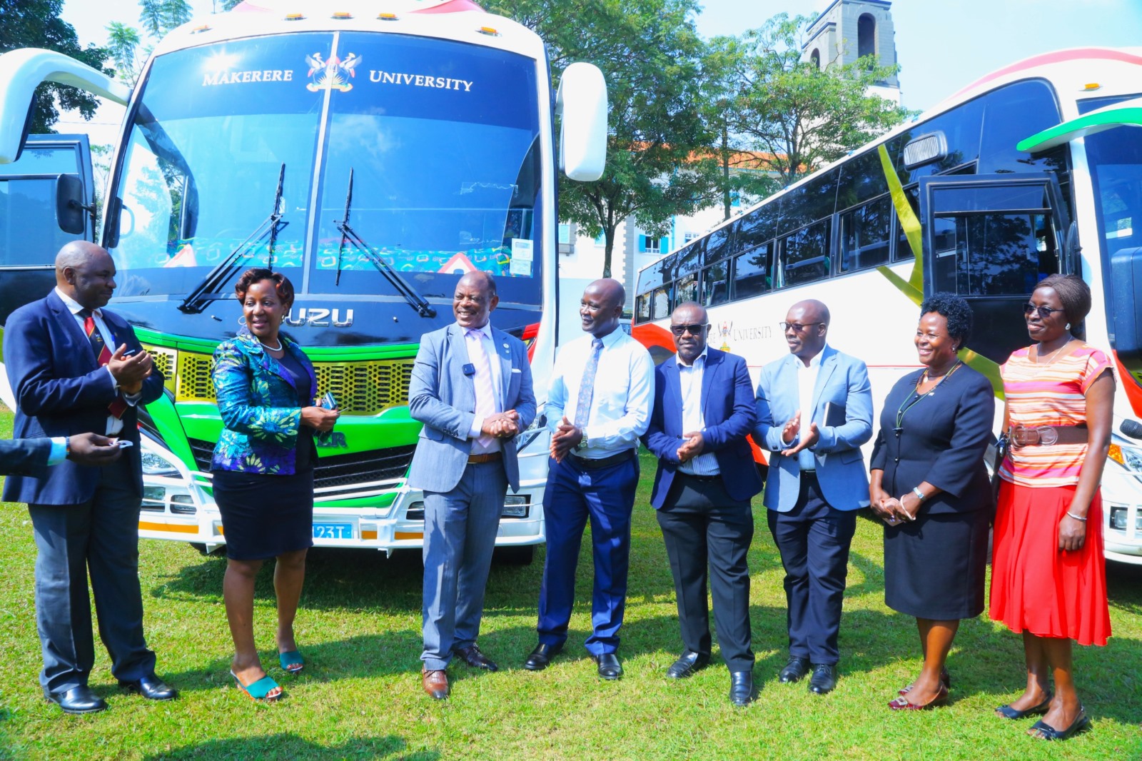 Prof. Barnabas Nawangwe (3rd L) with the CAES Team from Left to Right: Prof. Donald Kugonza, Principal-Prof. Gorettie Nabanoga, Dep. Principal-Prof. Yazidhi Bamutaze, Dr. Revocatus Twinomuhangi, Dr. Lawrence Orikiriza, Ms. Suzan Kyamulabi and Dr. Mildred Ochwo-Ssemakula. Vice Chancellor, Prof. Barnabas Nawangwe hands over three (3) university buses to leadership in the College of Agricultural and Environmental Sciences (CAES), the College of Health Sciences (CHS), and the College of Veterinary Medicine, Animal Resources and Biosecurity (CoVAB) to improve students' practical learning experiences by ensuring reliable transportation for fieldwork and community outreach, 3rd February 2025, Freedom Square, Makerere University, Kampala Uganda, East Africa.