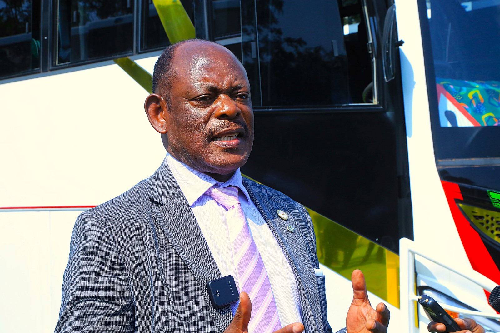 Prof. Barnabas Nawangwe speaks to the Media at the handover. Vice Chancellor, Prof. Barnabas Nawangwe hands over three (3) university buses to leadership in the College of Agricultural and Environmental Sciences (CAES), the College of Health Sciences (CHS), and the College of Veterinary Medicine, Animal Resources and Biosecurity (CoVAB) to improve students' practical learning experiences by ensuring reliable transportation for fieldwork and community outreach, 3rd February 2025, Freedom Square, Makerere University, Kampala Uganda, East Africa.