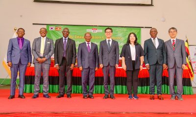 Chief Guest-Hon. Dr. J.C. Muyingo (4th Left) and Republic of Korea Ambassador to Uganda-H.E. Park Sung-Soo (4th Right) with Left to Right: Prof. Buyinza Mukadasi, Prof. Barnabas Nawangwe, Dr. James Nkata, Ms. Ahn Jihee, Prof. Henry Alinaitwe and Prof. Chun Seyeoung at the KOICA-funded project launch on 27th February 2025. Launch of a US$12.2million Korea International Cooperation Agency (KOICA) funded project to enhance the Distance Education Environment by Hon. Dr. John Chrysostom Muyingo, 27th February 2025, Main Hall, Main Building, Makerere University, Kampala Uganda, East Africa.