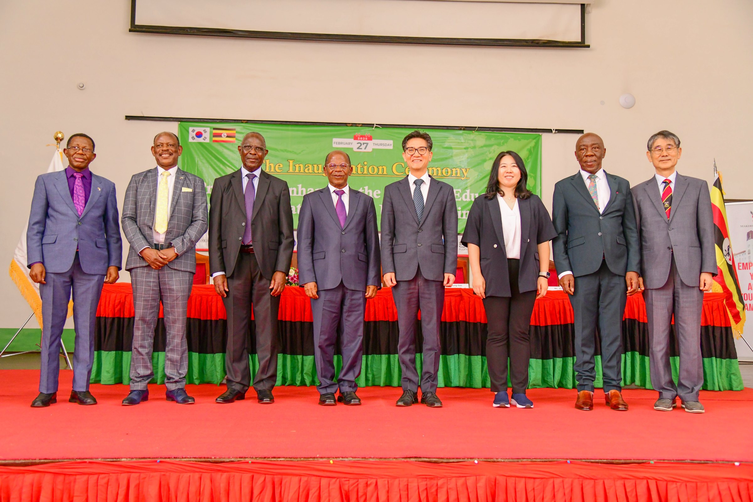 Chief Guest-Hon. Dr. J.C. Muyingo (4th Left) and Republic of Korea Ambassador to Uganda-H.E. Park Sung-Soo (4th Right) with Left to Right: Prof. Buyinza Mukadasi, Prof. Barnabas Nawangwe, Dr. James Nkata, Ms. Ahn Jihee, Prof. Henry Alinaitwe and Prof. Chun Seyeoung at the KOICA-funded project launch on 27th February 2025. Launch of a US$12.2million Korea International Cooperation Agency (KOICA) funded project to enhance the Distance Education Environment by Hon. Dr. John Chrysostom Muyingo, 27th February 2025, Main Hall, Main Building, Makerere University, Kampala Uganda, East Africa.