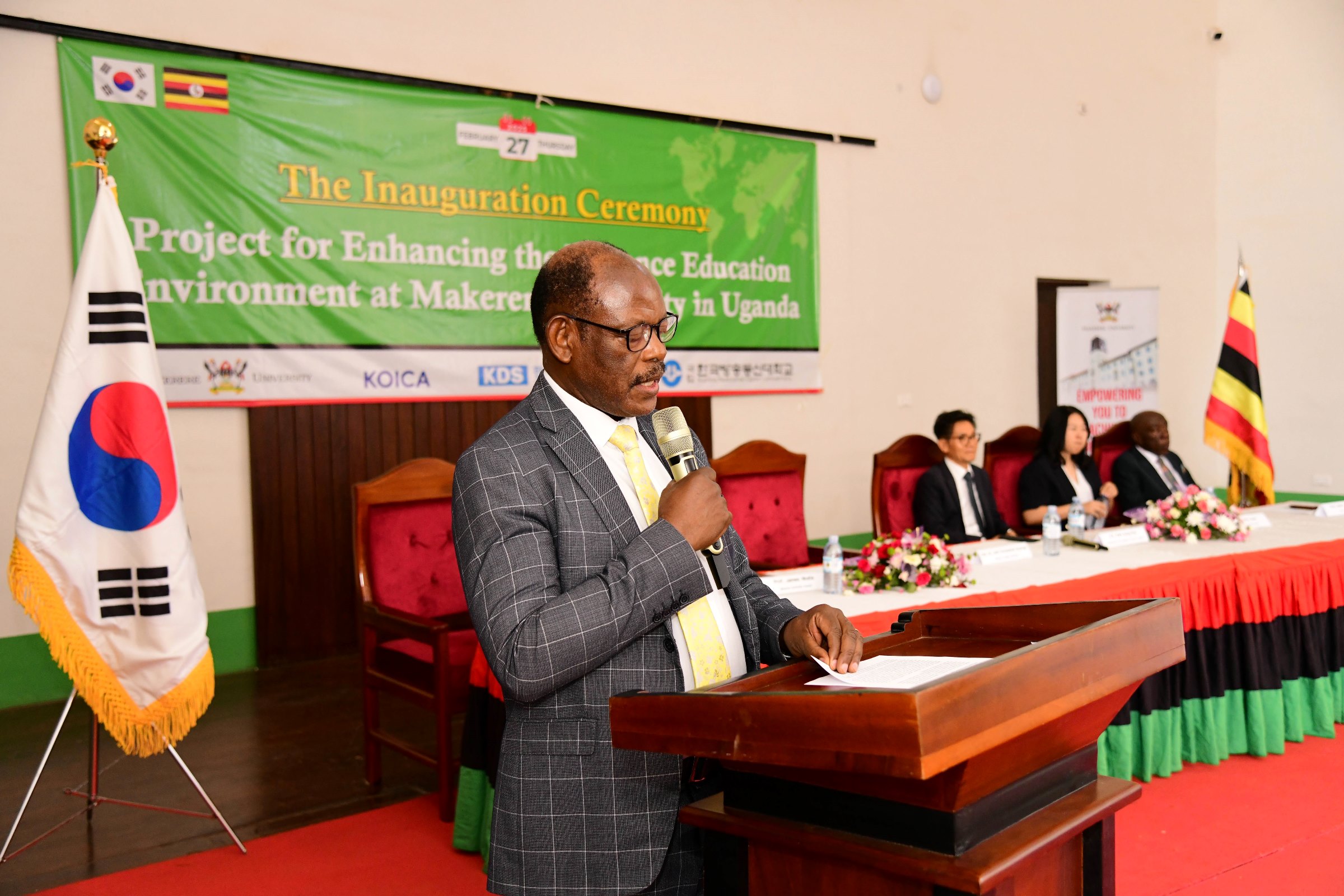 The Vice Chancellor Prof. Barnabas Nawangwe makes his remarks. Launch of a US$12.2million Korea International Cooperation Agency (KOICA) funded project to enhance the Distance Education Environment by Hon. Dr. John Chrysostom Muyingo, 27th February 2025, Main Hall, Main Building, Makerere University, Kampala Uganda, East Africa.