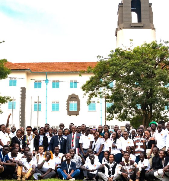 Participants at the Scholars Council meeting pose for a group photo with Prof. Barnabas Nawangwe (Centre) in the Freedom Square. Makerere University hosts the Mastercard Foundation Scholars Council Representatives meeting, which brings together young people from around 45 partner universities of the Mastercard Foundation, 2nd February 2025, Kampala Uganda, East Africa.