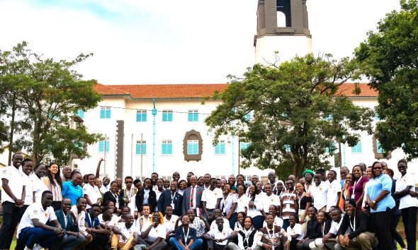 Participants at the Scholars Council meeting pose for a group photo with Prof. Barnabas Nawangwe (Centre) in the Freedom Square. Makerere University hosts the Mastercard Foundation Scholars Council Representatives meeting, which brings together young people from around 45 partner universities of the Mastercard Foundation, 2nd February 2025, Kampala Uganda, East Africa.