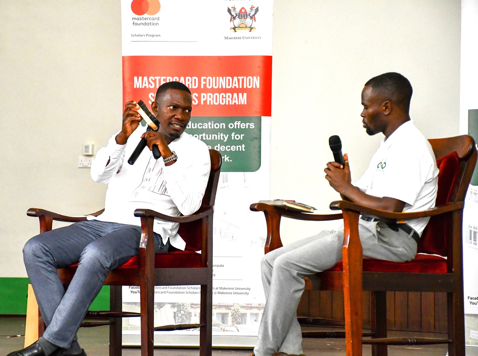 Mr. Enoch Muwanguzi one of the young entrepreneurs exhibiting a shoe brush he had made during a fire-side chat. Makerere University hosts the Mastercard Foundation Scholars Council Representatives meeting, which brings together young people from around 45 partner universities of the Mastercard Foundation, 2nd February 2025, Kampala Uganda, East Africa.