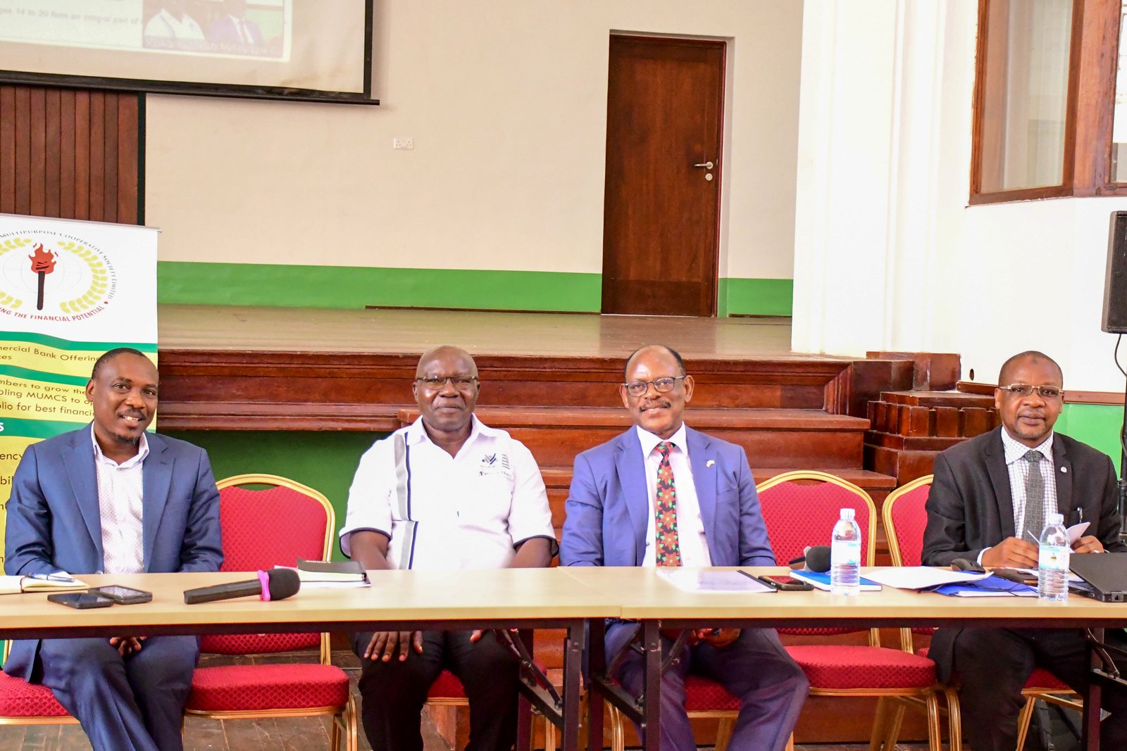 Left to Right: Prof. Winston Tumps Ireeta, CPA David Ssenoga, Prof. Barnabas Nawangwe and Prof. Juma Kasozi. Makerere University Multi-Purpose Co-operative Society (MUMCS) Annual General Meeting (AGM) to discuss the Society’s financial performance, progress and future plans, 26th February 2025, Main Hall, Kampala Uganda, East Africa.