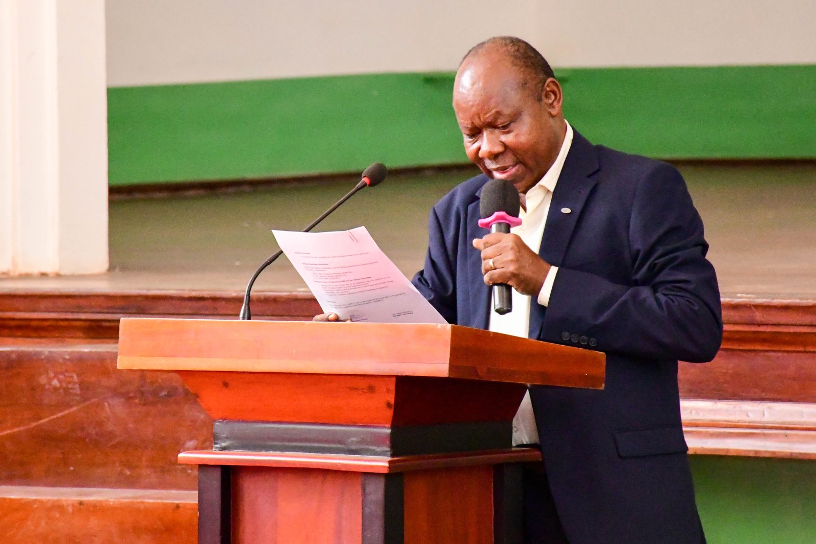 Chairperson of the Supervisory Committee, Prof. Fredrick Jones Muyodi presents his report. Makerere University Multi-Purpose Co-operative Society (MUMCS) Annual General Meeting (AGM) to discuss the Society’s financial performance, progress and future plans, 26th February 2025, Main Hall, Kampala Uganda, East Africa.