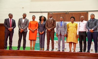 The Ag. Vice Chancellor-Prof. Buyinza Mukadasi (4th R) with 91st Guild President-H.E. Ssentamu Churchill James (C) and Vice President-H.E. Kadondi Gracious (4th L), as well as Members of Council and Management on 21st March 2025. Ssentamu Churchill James and Kadondi Gracious inaugurated as the 91st Guild President and Vice President, 21st March 2025, Main Hall, Main Administration Building, Makerere University, Kampala Uganda, East Africa.