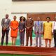 The Ag. Vice Chancellor-Prof. Buyinza Mukadasi (4th R) with 91st Guild President-H.E. Ssentamu Churchill James (C) and Vice President-H.E. Kadondi Gracious (4th L), as well as Members of Council and Management on 21st March 2025. Ssentamu Churchill James and Kadondi Gracious inaugurated as the 91st Guild President and Vice President, 21st March 2025, Main Hall, Main Administration Building, Makerere University, Kampala Uganda, East Africa.