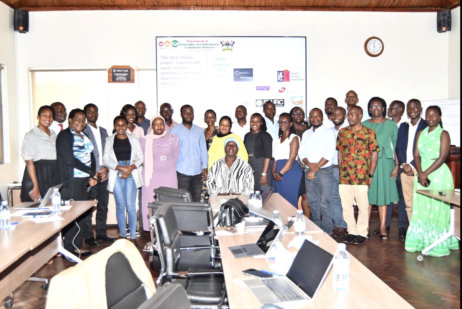 Stakeholders that attended the launch event pose for a group photo at Fairway Hotel in Kampala on 6th March 2025. Department of Geography, Geo-informatics, and Climatic Sciences, Makerere University in collaboration with University of Waterloo and University of Manchester, launch of project titled: The Urban Future Project: Toward Health Equity, Inclusive Governance and Climate Adaptation in African Informal Settlements, and Urban Heat Risk Awareness Raising and Knowledge Exchange and Urban Heat Management Handbook, 6th March 2025, Fairway Hotel Kampala Uganda, East Africa.