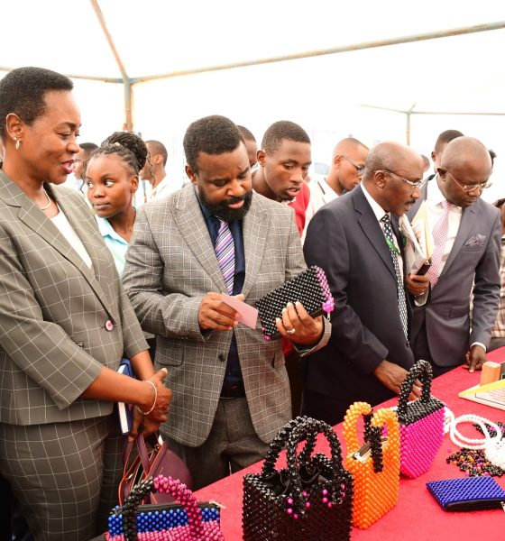 Left to Right: A CEES Official, Dr. Winifred Kabumbuli, Prof. Robert Wamala, Dr. Wilson Ssabavuma and Dr. Muhammad Kiggundu Musoke inspect products by student exhibitors on 14th March 2025. College of Education and External Studies (CEES) Open Day and Skills Expo, theme: "Empowering Future Educators Through Skills and Innovation for National Prosperity", 14th March 2025, Yusuf Lule Central Teaching Facility Auditorium, Makerere University, Kampala Uganda, East Africa.