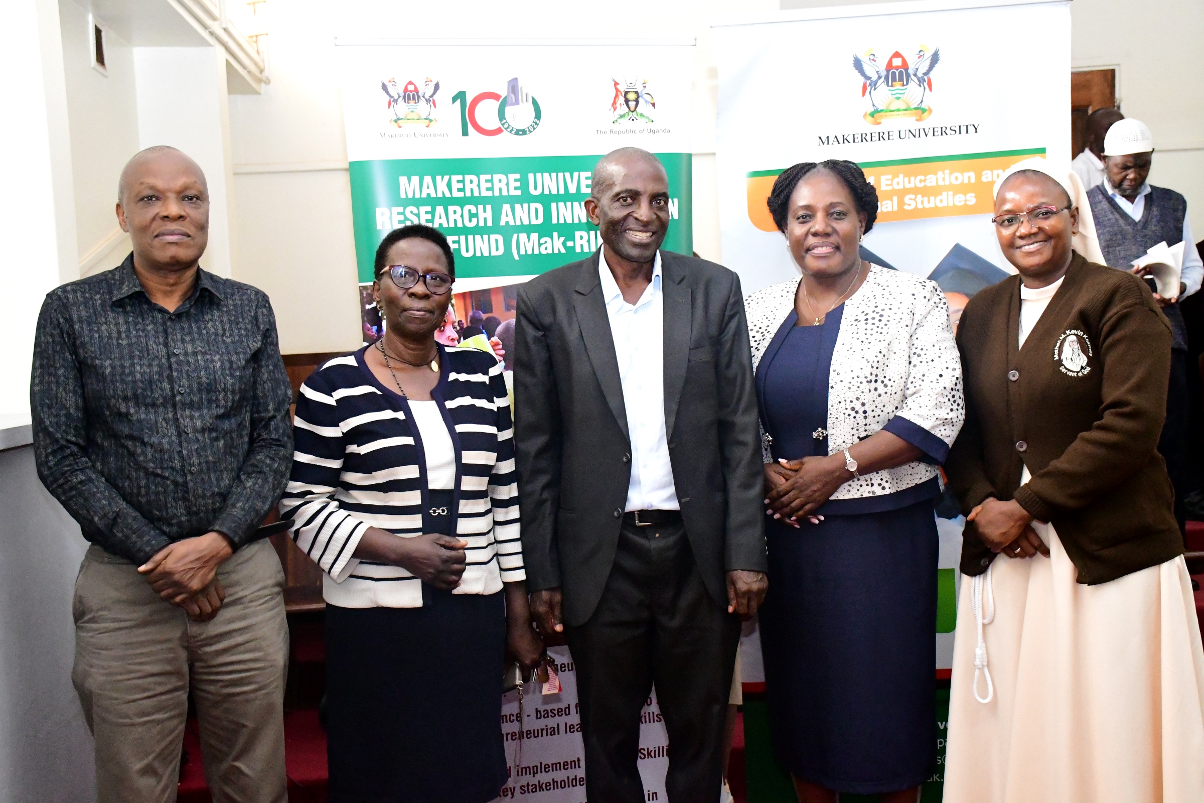 Left to Right: This is the project team; Dr. Badru Musisi, Dr. Victoria Tamale Prof. Christopher Mugimu (Principal Investigator), Dr. Joyce Bukirwa, and Dr. Rev. Sr. Justine Namaganda. Research Dissemination of Entrepreneurial Leadership Initiative for UPE schools to reboot, retool and re-orient school management by College of Education and External Studies (CEES)' Prof. Christopher Mugimu, Dr. Badru Musisi, Dr. Victoria Tamale, Dr. Justine Namaganda and Dr. Joyce Bukirwa from Muni University, 20th March 2025, Funded by the Government of Uganda through Makerere University Research and Innovations Fund (Mak-RIF), Kampala, East Africa.