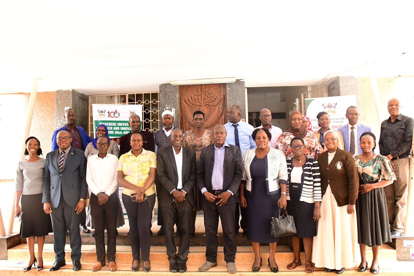 Participants pose for a group photo at CEES. Research Dissemination of Entrepreneurial Leadership Initiative for UPE schools to reboot, retool and re-orient school management by College of Education and External Studies (CEES)' Prof. Christopher Mugimu, Dr. Badru Musisi, Dr. Victoria Tamale, Dr. Justine Namaganda and Dr. Joyce Bukirwa from Muni University, 20th March 2025, Funded by the Government of Uganda through Makerere University Research and Innovations Fund (Mak-RIF), Kampala, East Africa.