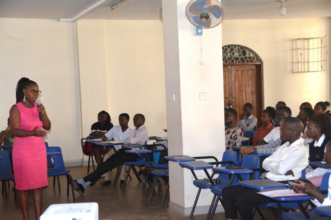 Ms. Eunice Ainomugisha, the Vice Chair of the Allied Health Professionals Council addressed the BLT students. Makerere University Biomedical Laboratory Technology Students Association (MUBLISA) transformative mentorship meeting to inspire students to excel in biomedical laboratory technology at the College of Veterinary Medicine, Animal Resources, and Biosecurity (CoVAB), March 2025, Makerere University, Kampala Uganda, East Africa.